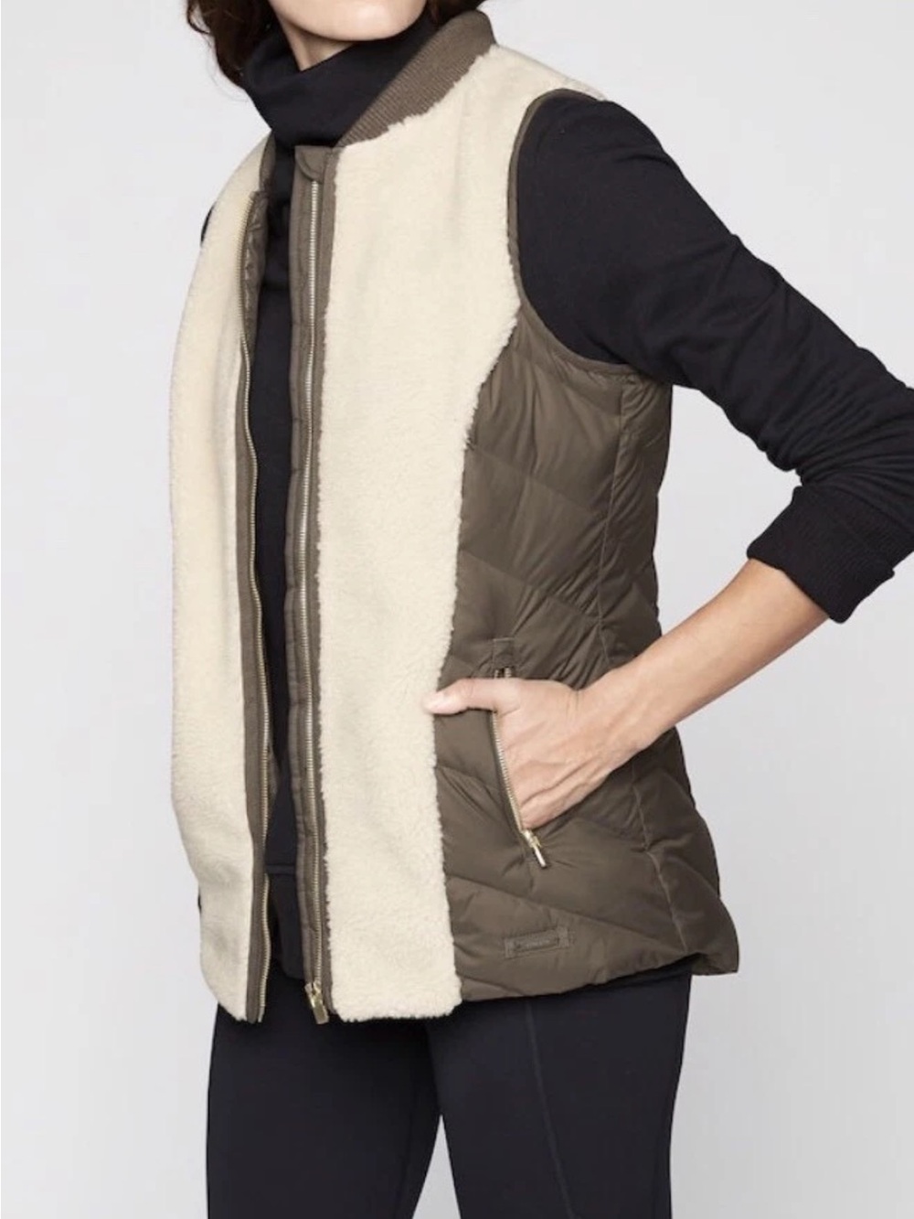 Athleta Responsible Down Tundra Vest Dark Oasis Green Sherpa Quilted Gold Beige